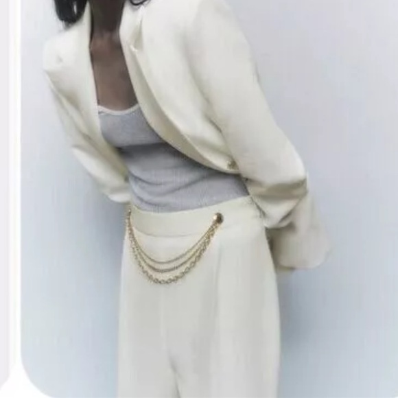 Zara Trousers Pants Off White Cream Gold Chain Size Large - Picture 1 of 5